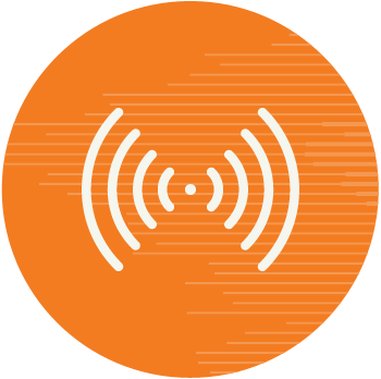 Illustration with an audio signal icon in an orange circle